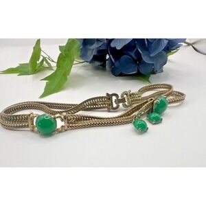 Vintage Choker Green Stone Necklace Cabochons Multi Strand Gold Collar Statement